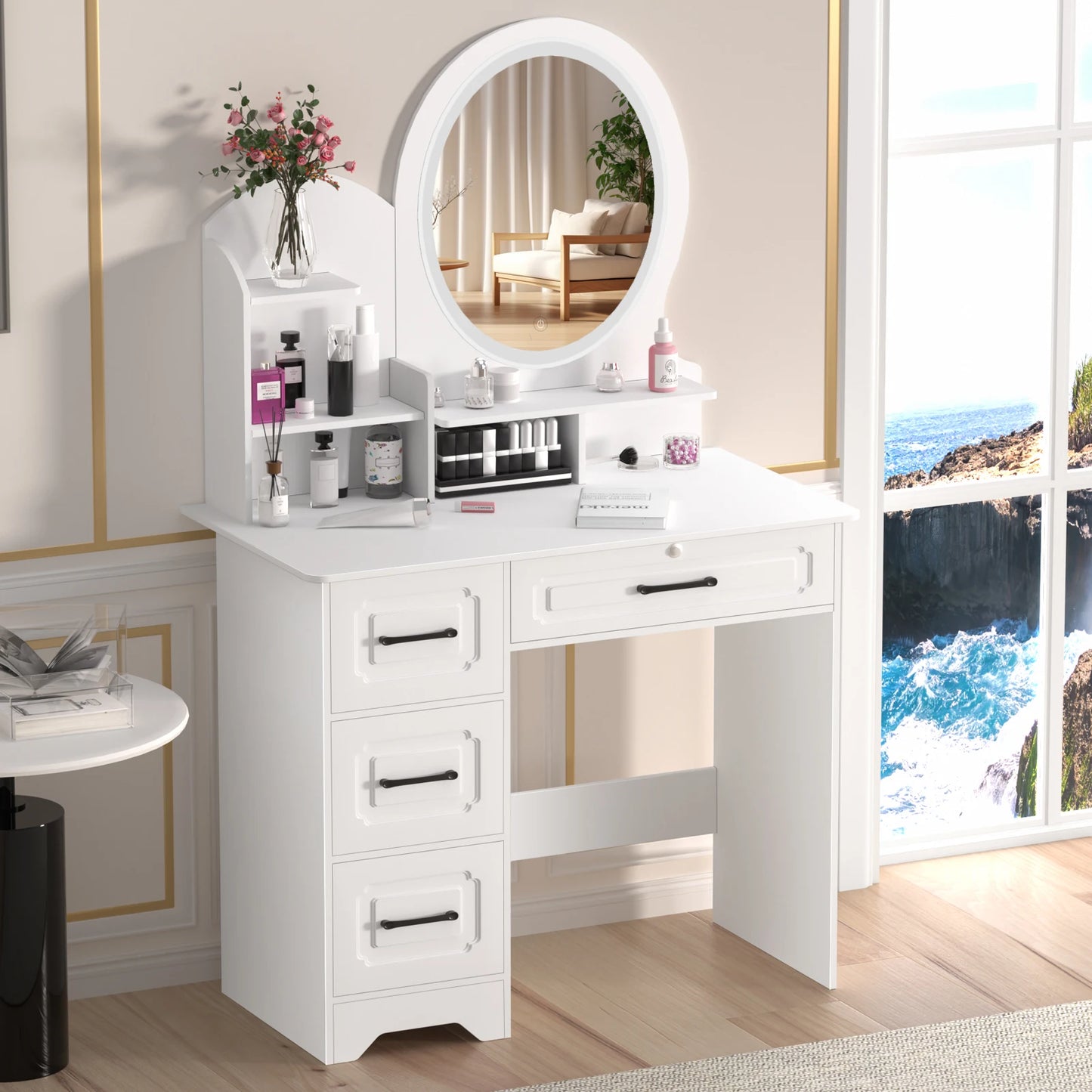 Modern Makeup Vanity Table With Mirror And Lights 4 Drawer