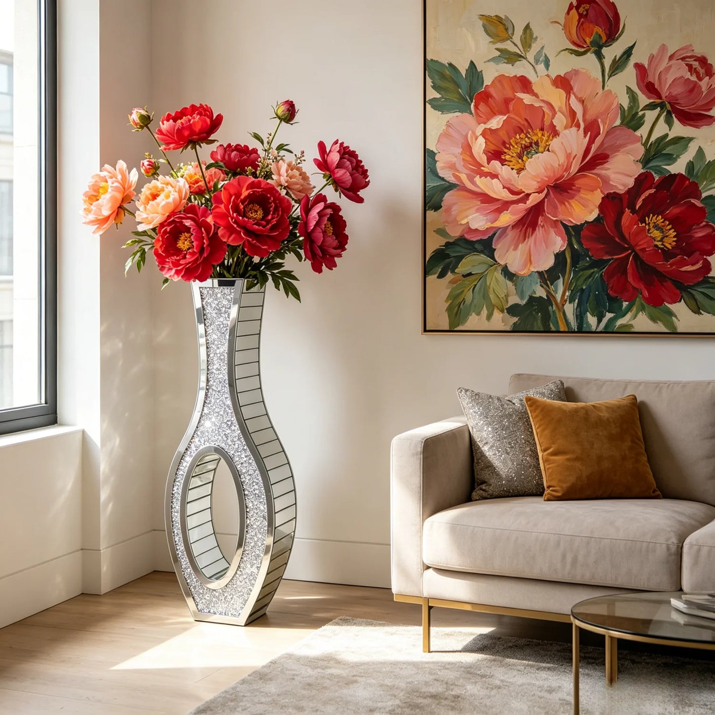 Floor Mirrored Vase Crushed Diamond Glass Tall Home Decor