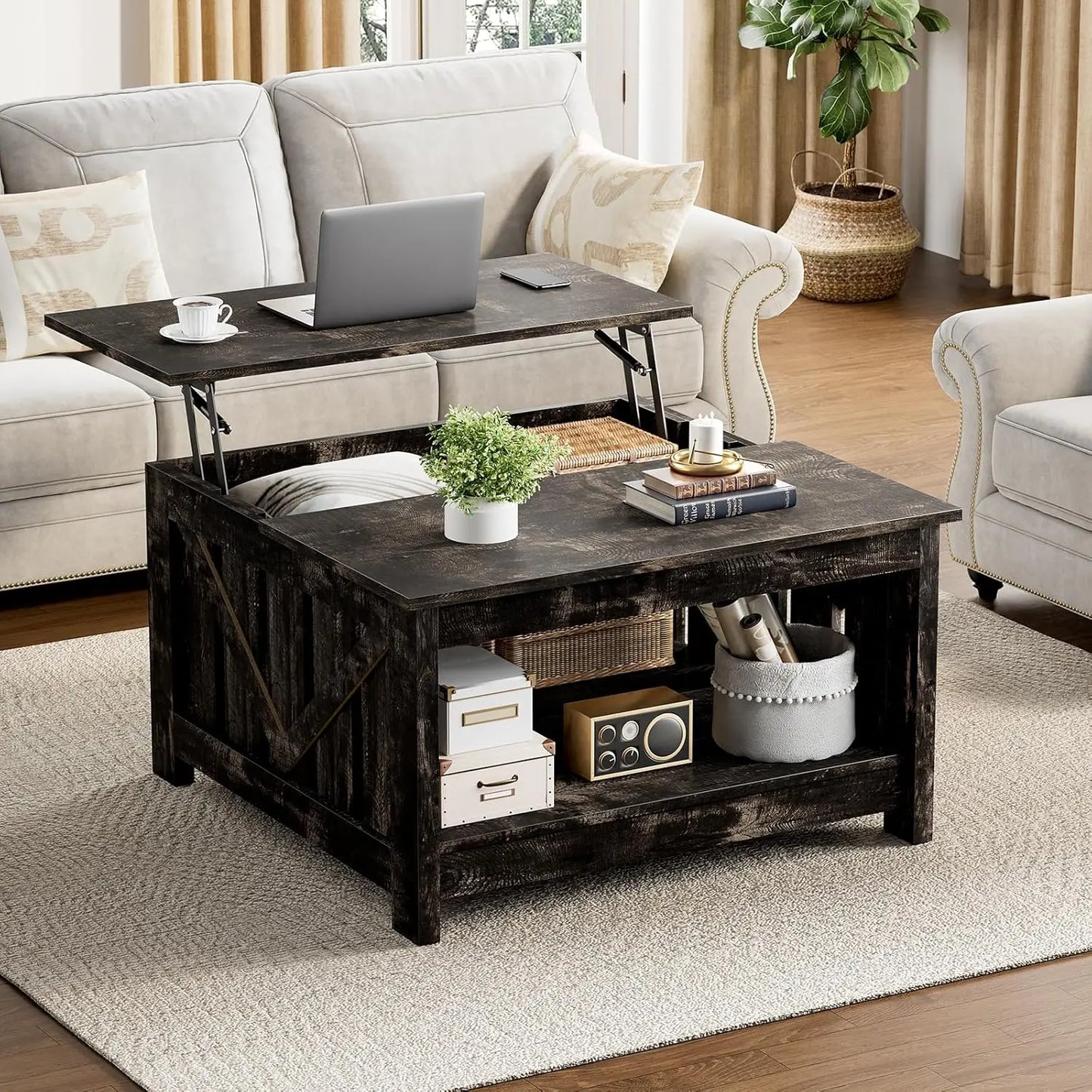 Lift Top Coffee Table With Storage Farmhouse Wood Central Table