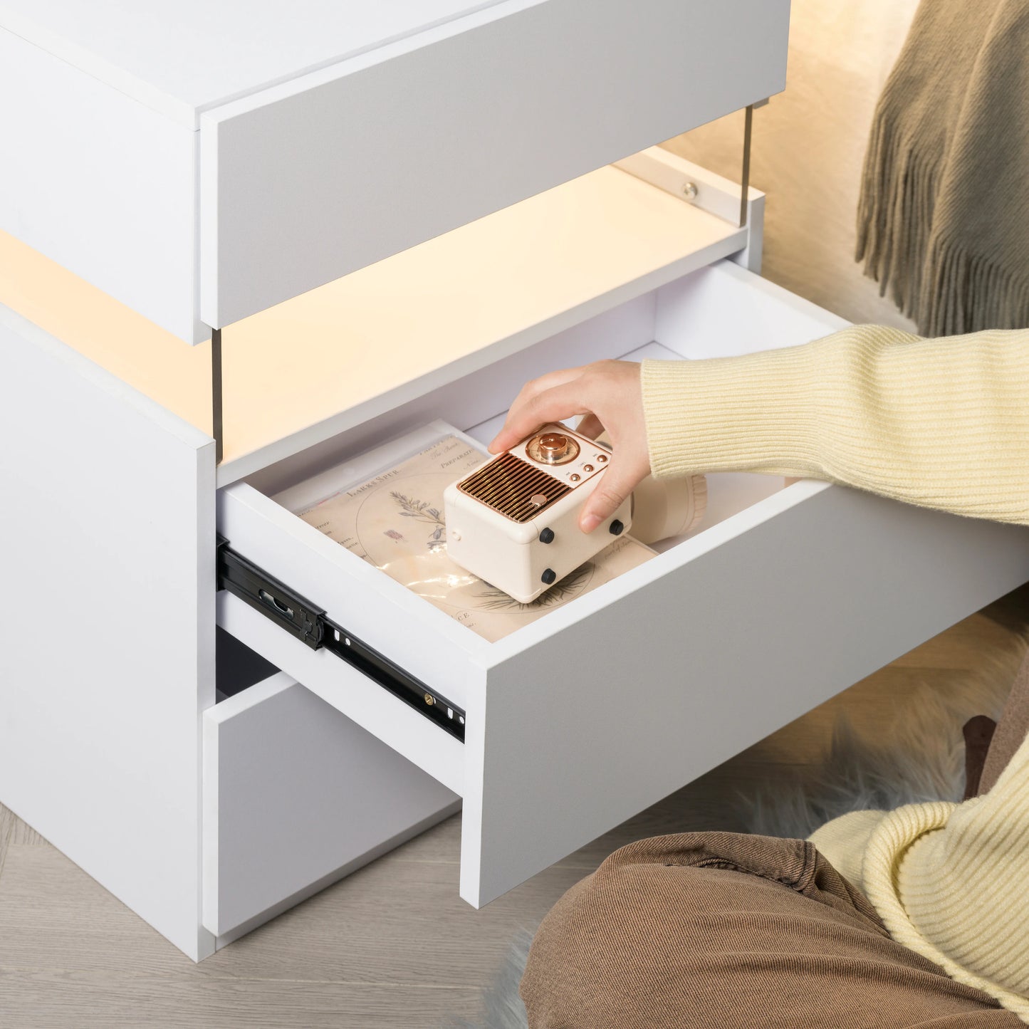 Cubehom LED Bedside Table With 3 Drawers Modern Nightstand