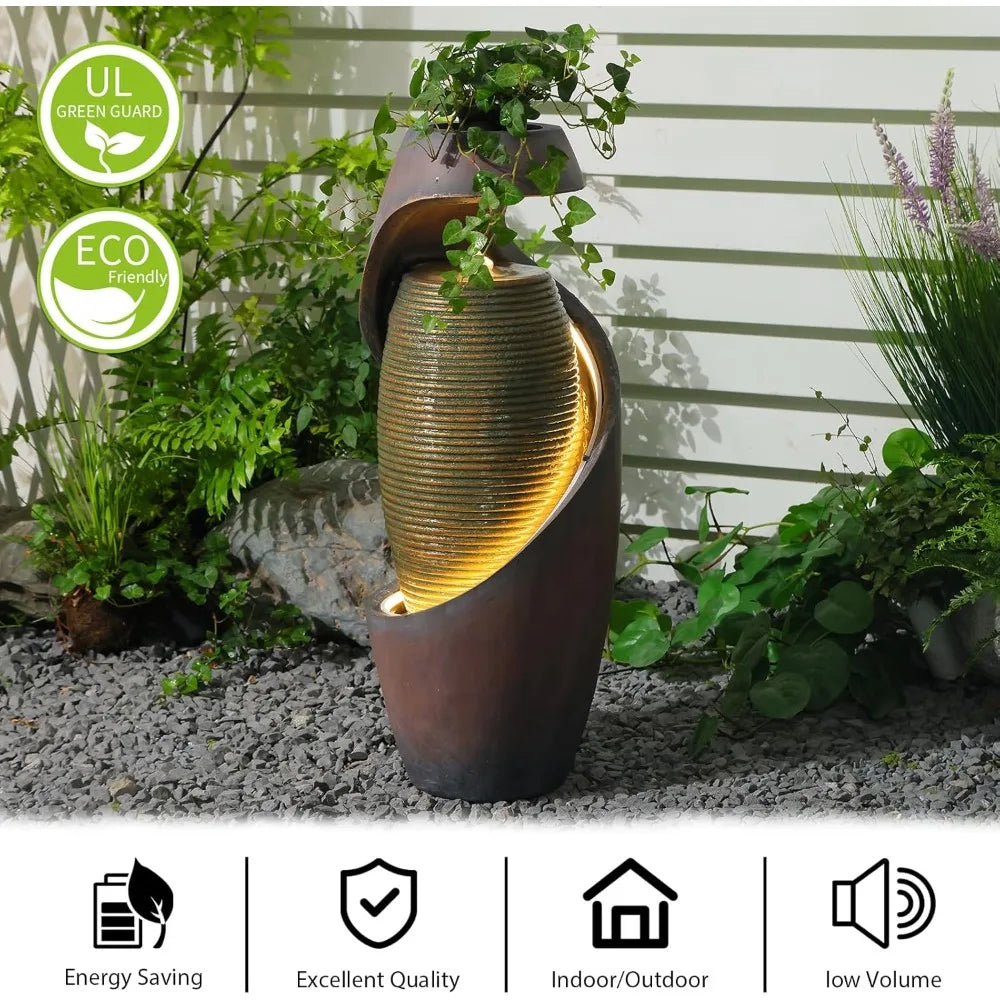 Curved Spiral Outdoor Fountain With LED Light Planter Bowl