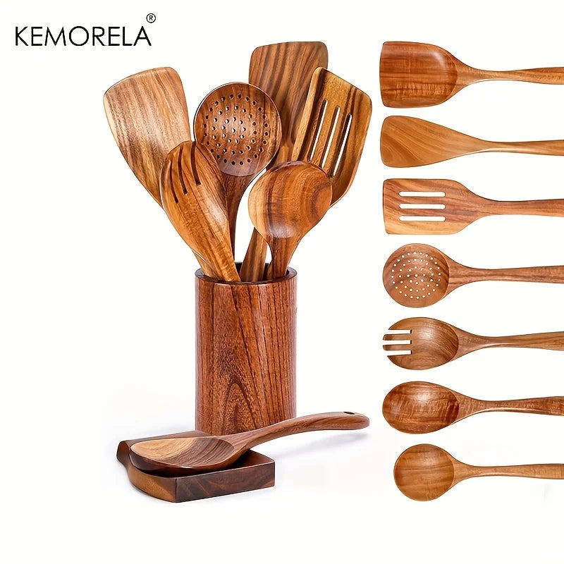 KEMORELA 9Pcs Wooden Spoons Set With Teak Kitchen Utensils Holder