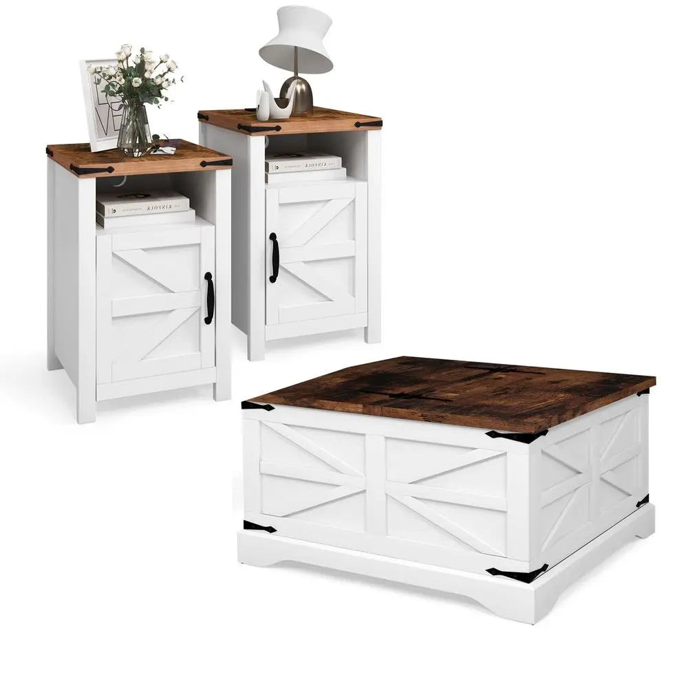QWC Farmhouse 3 Piece Table Set With Storage Coffee Tables