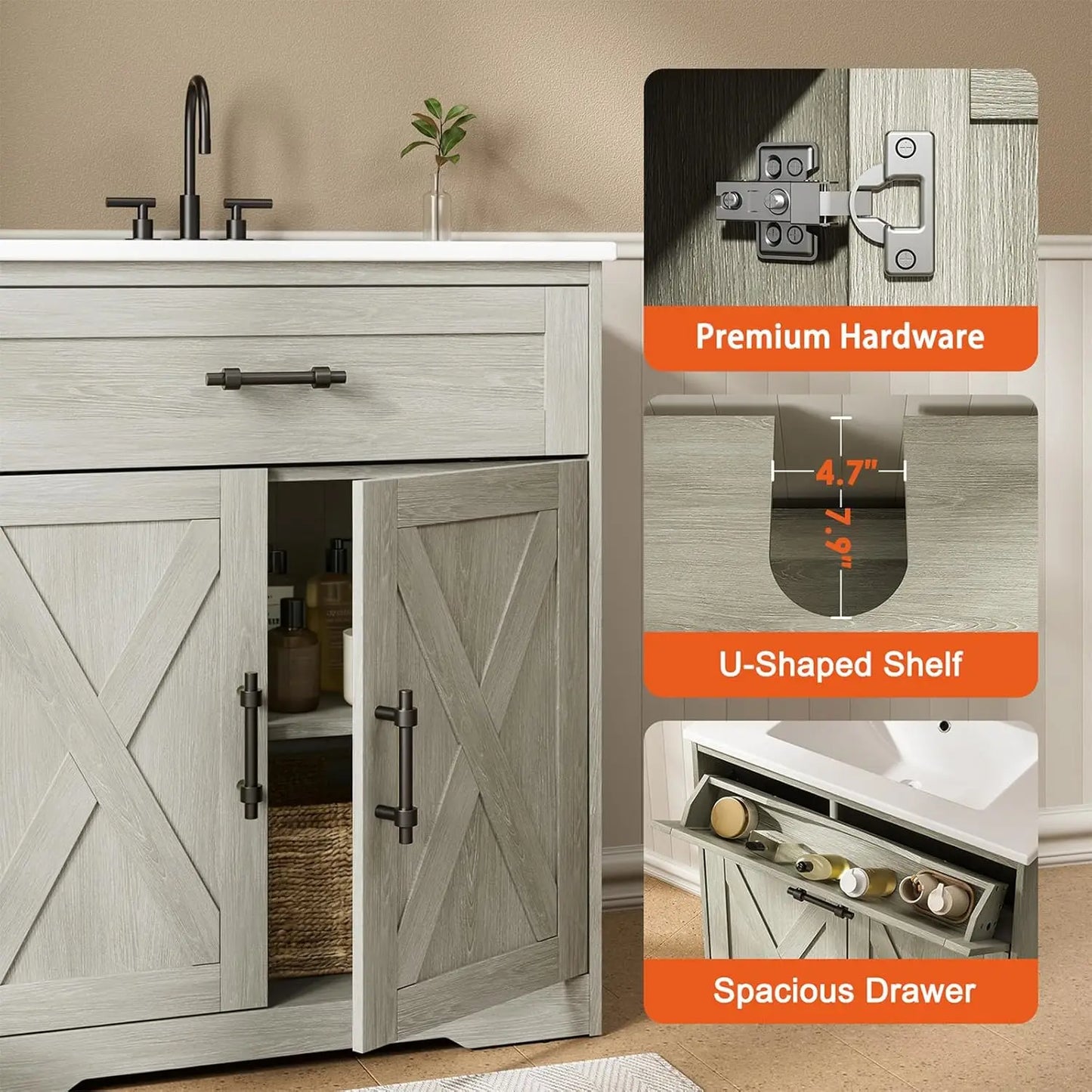 Amada Farmhouse Bathroom Vanity With Ceramic Sink And Shaker Cabinet