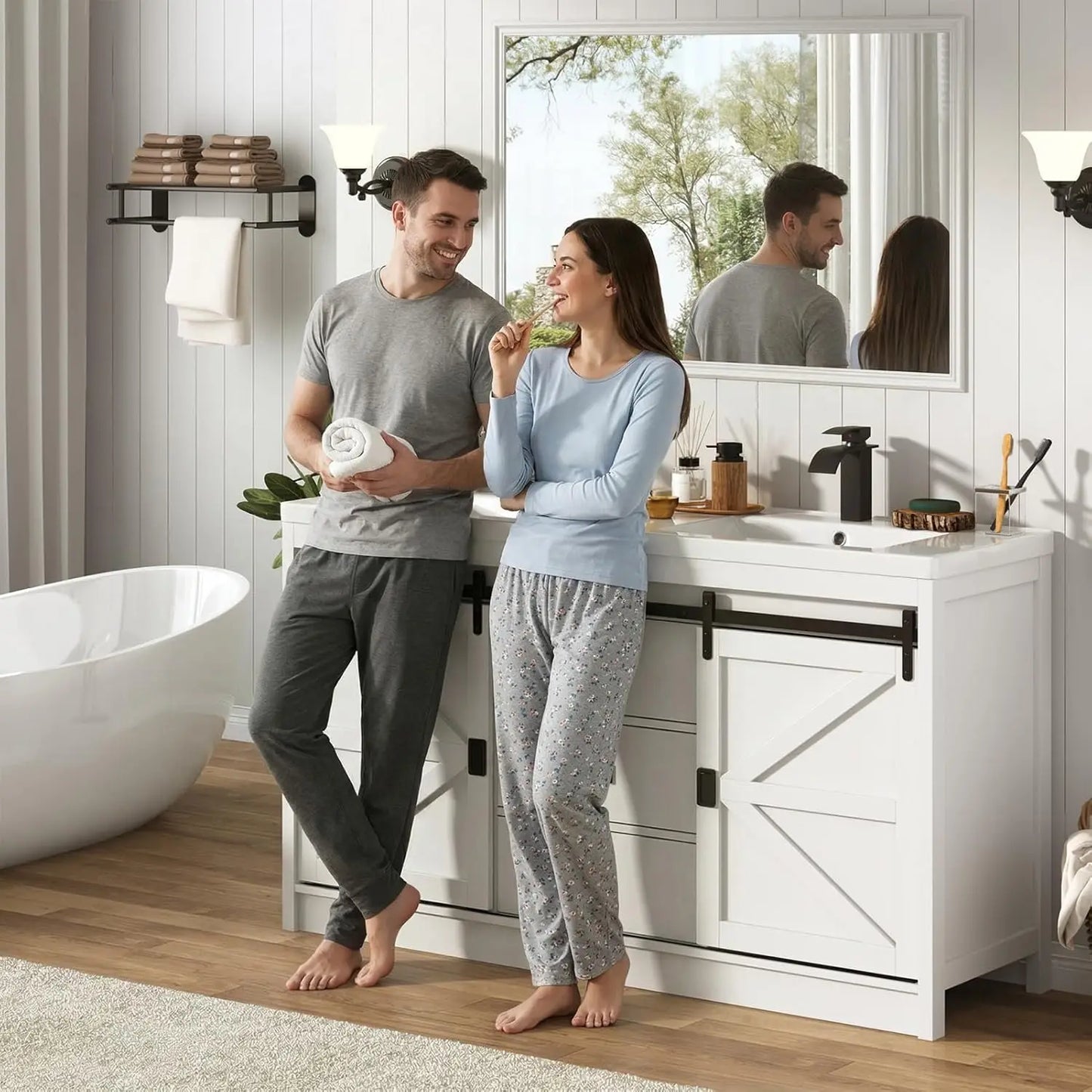 Double Farmhouse Bathroom Vanity Cabinet With Sink And Faucet
