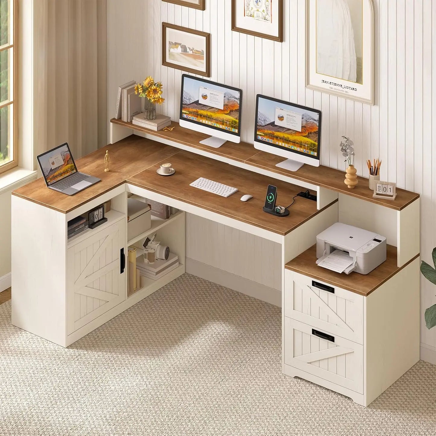 Farmhouse L Shaped Desk With Storage Shelves And Power Outlet