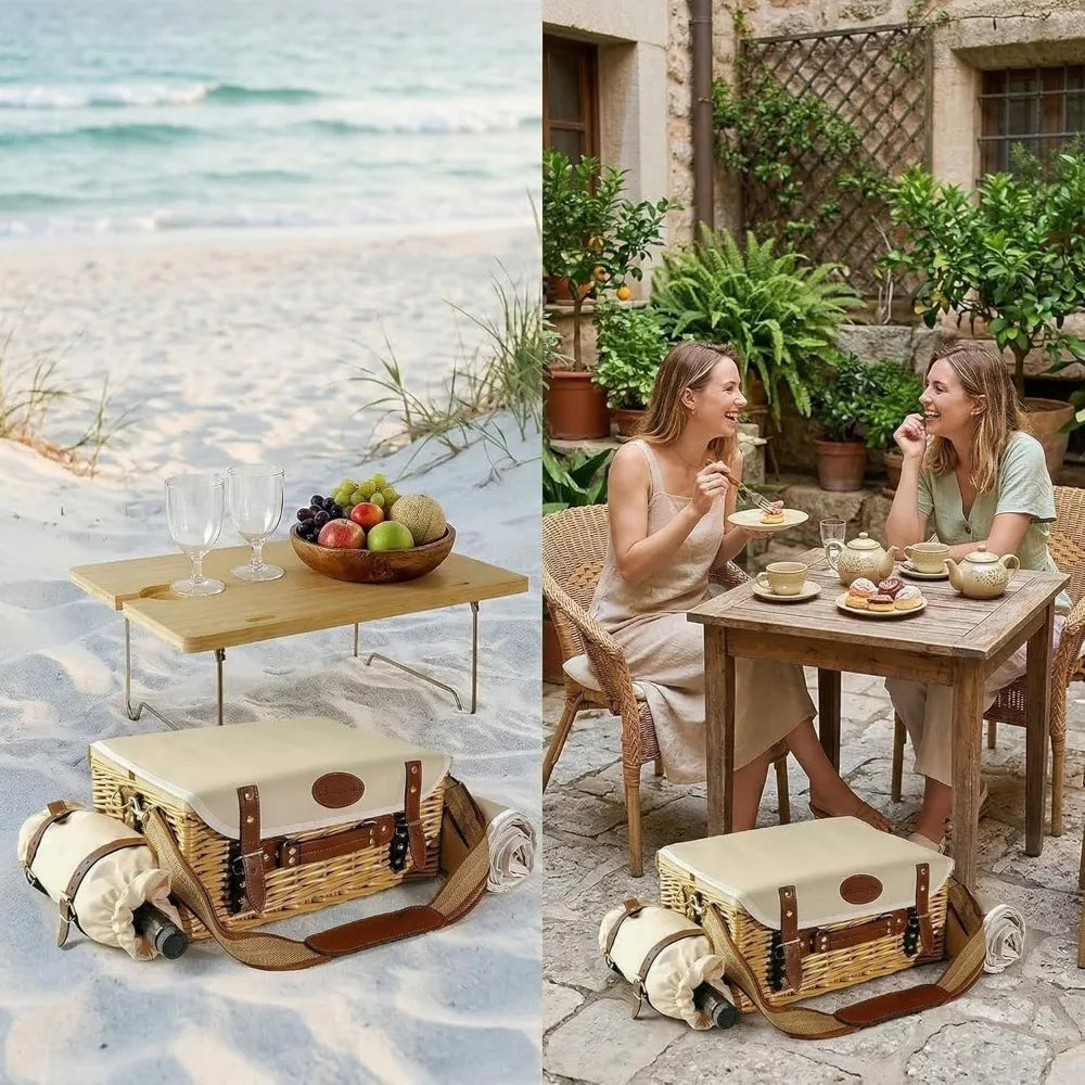 NBVCX Wicker Picnic Basket For Two With Insulated Wine Pouch And Tableware