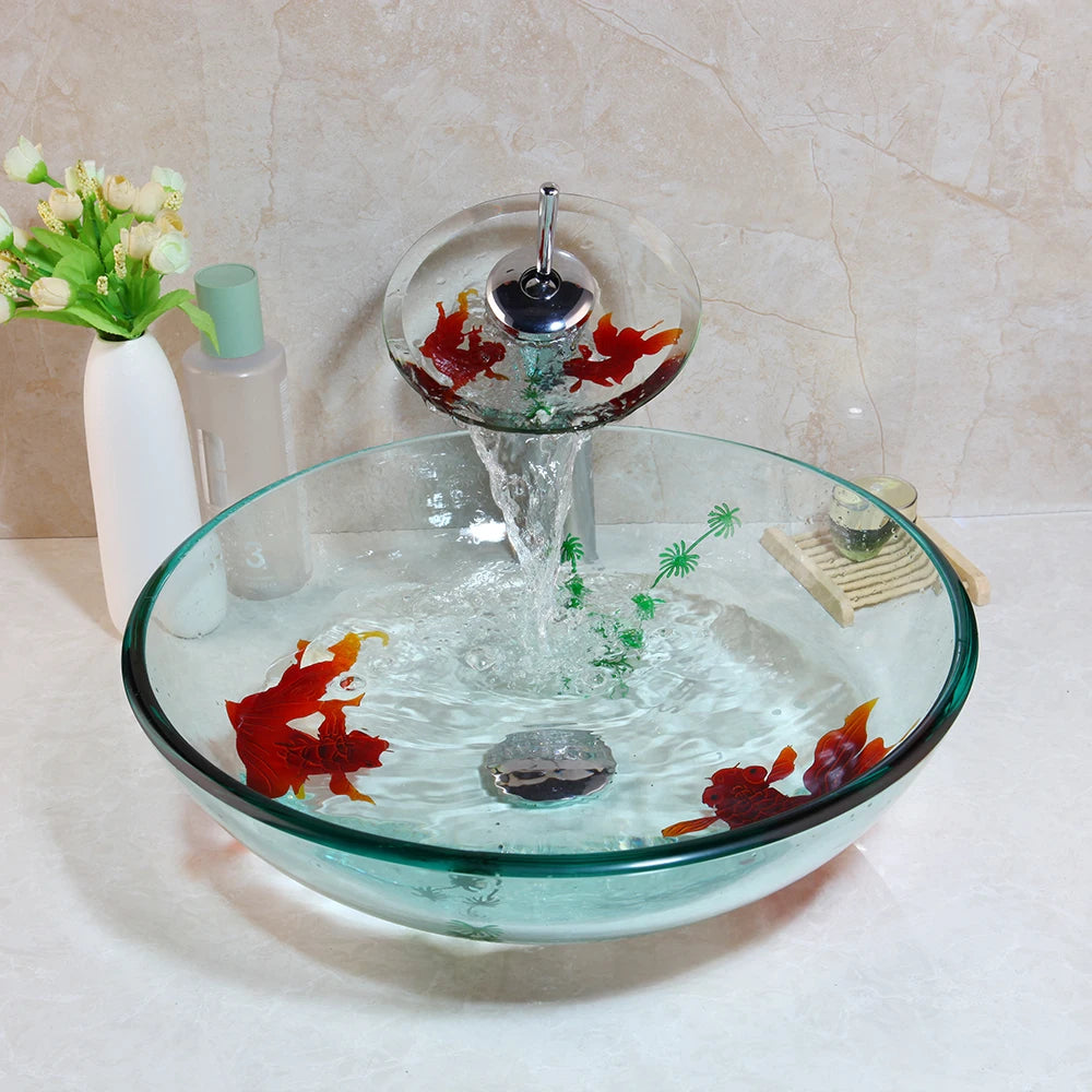 Mekhala Tempered Glass Vessel Sink And Faucet Set