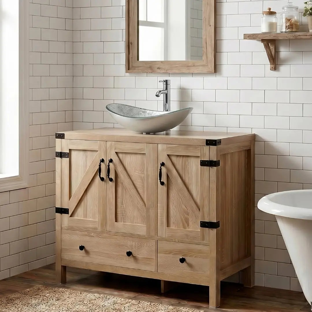 Minimalist Engineered Wood Bathroom Vanity With White Ceramic Sink
