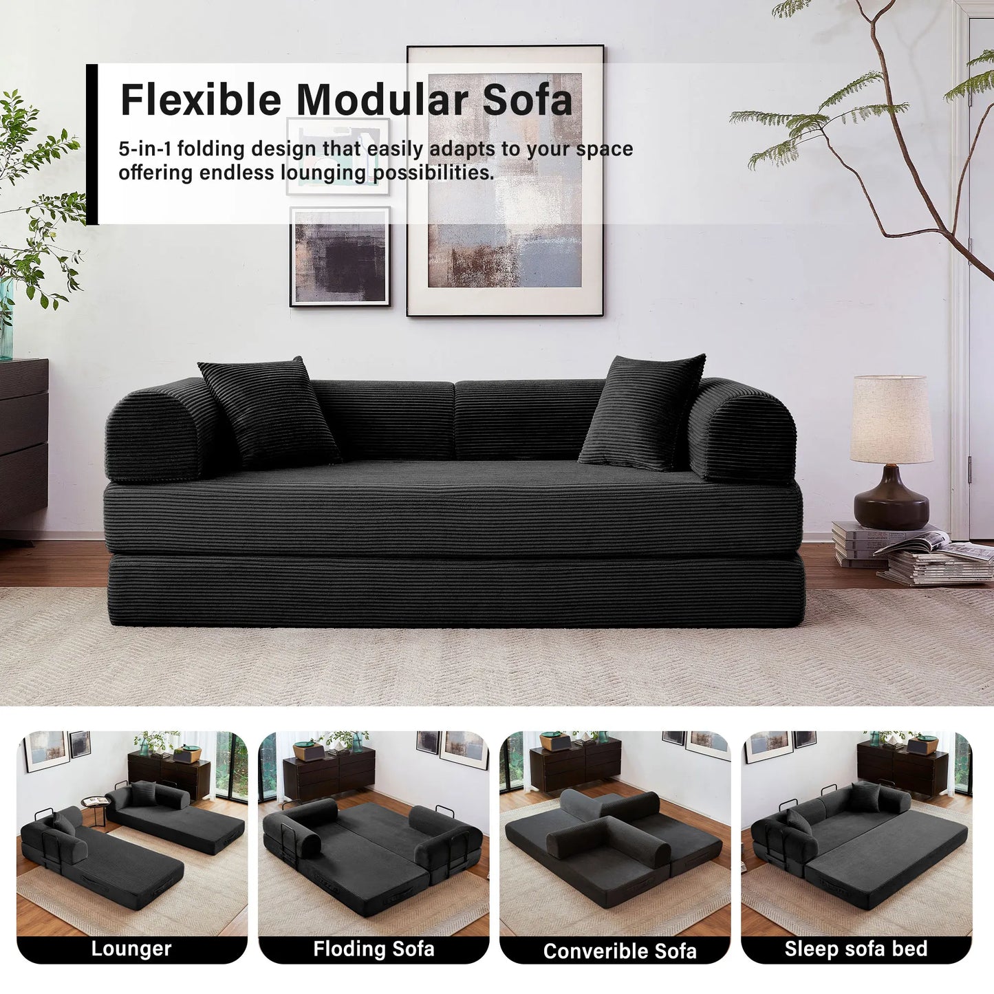 Convertible Sofa Bed With L-Shaped Armrests For Living Room