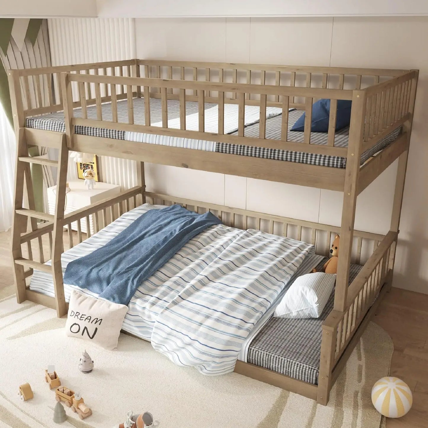 Floor Bunk Bed For Kids With Sturdy Ladder And Guardrail
