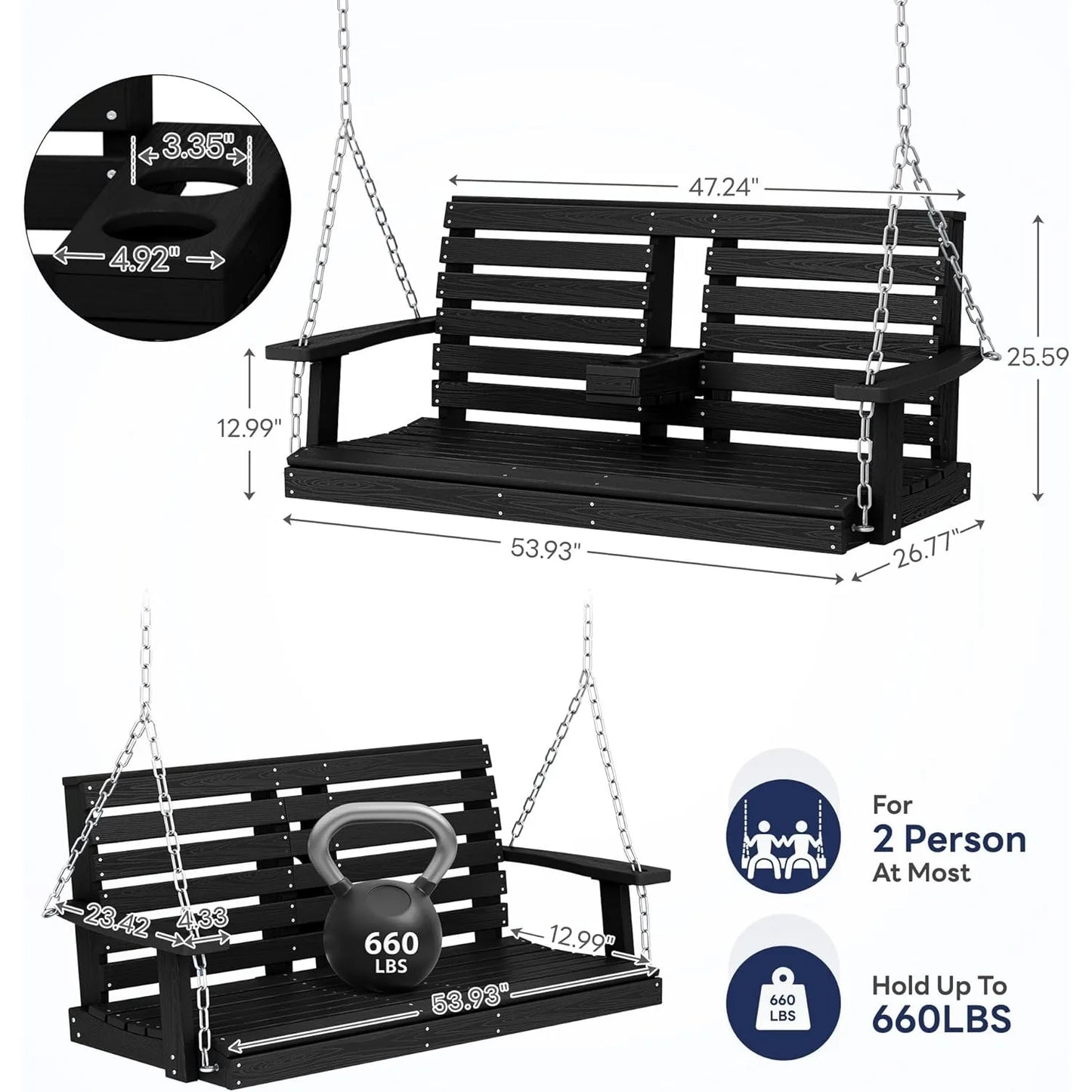 Outdoor Hanging Porch Swing With Cup Holders High Density Polyethylene Bench