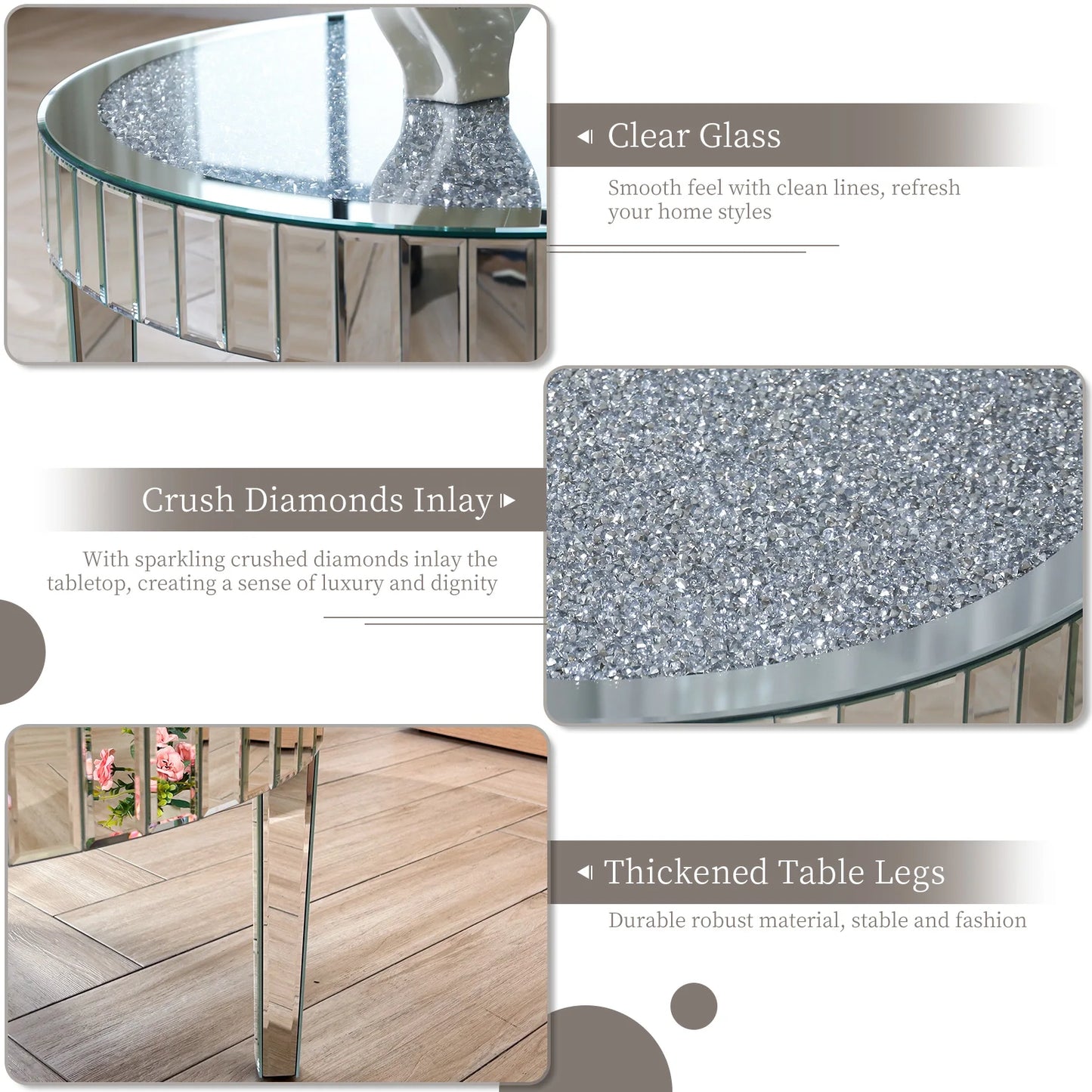 Mirrored Coffee Table With Crystal Inlay Modern Round Living Room