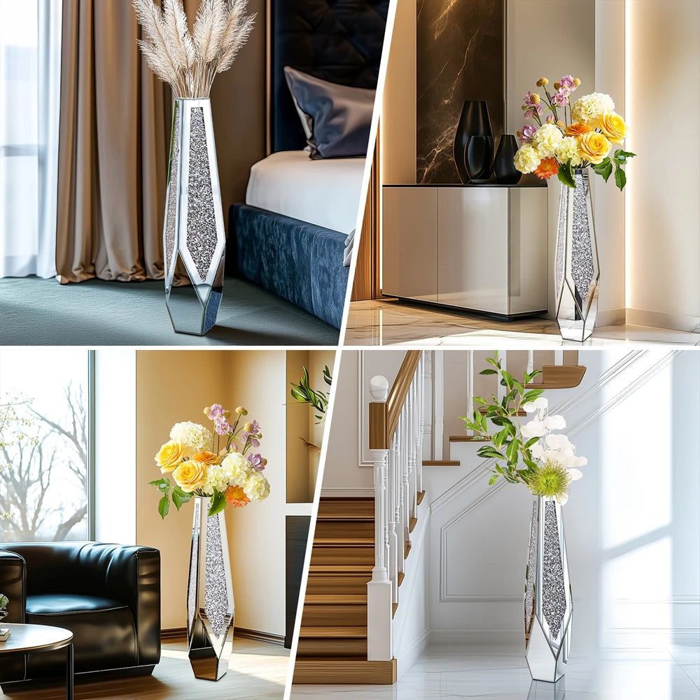 Crushed Diamond Mirrored Flower Vase Floor Standing Modern Decor