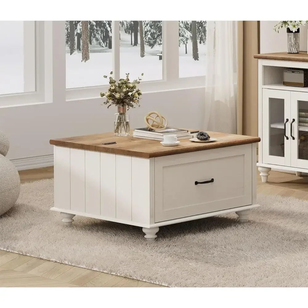 Solid Wood Lift Top Square Coffee Table With Storage Cabinet