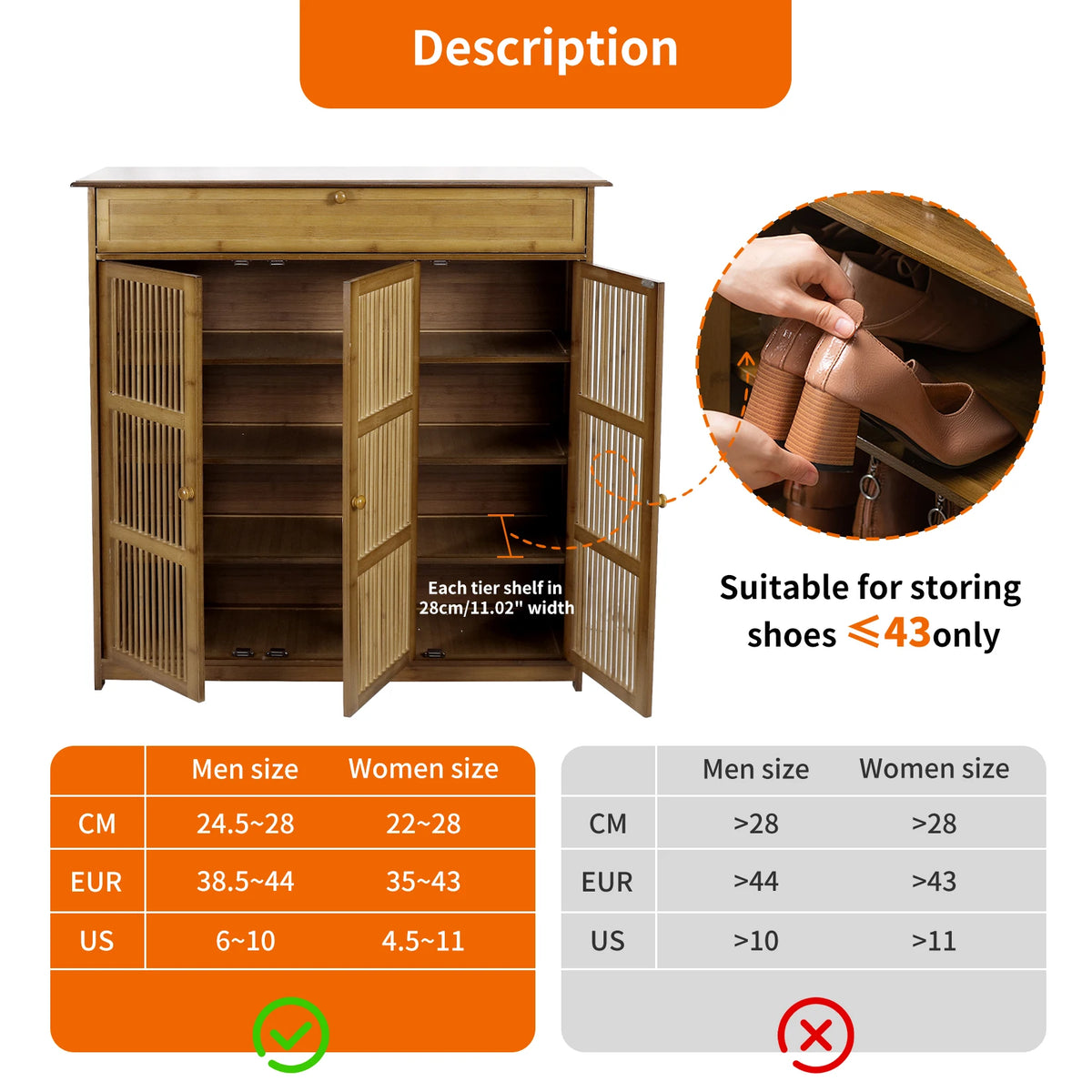 Freestanding Bamboo Shoe Cabinet With Three Doors For Entryway Storage