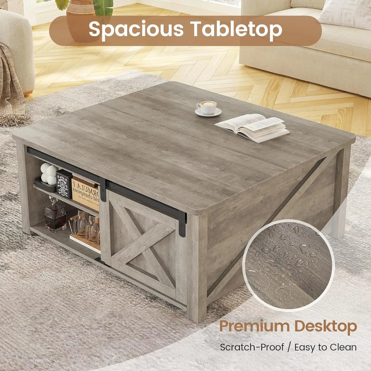 Lift Top Farmhouse Coffee Table With Hidden Storage