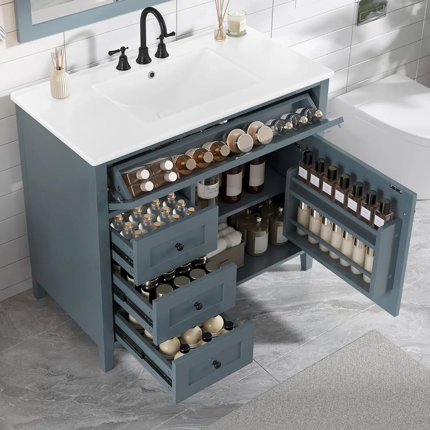 Wooden Bathroom Vanity With Ceramic Basin And Ample Storage Cabinets