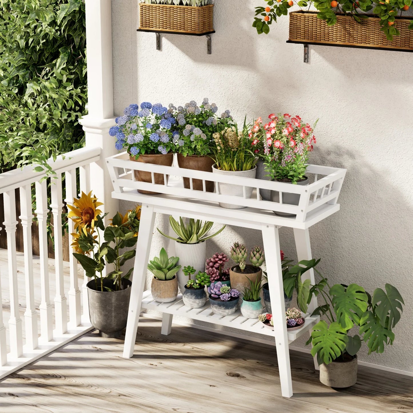 Bamboo Plant Stand Two Tier Garden Shelf For Balcony