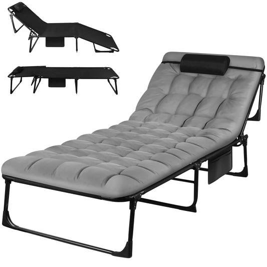 Portable Folding Camping Cot 3 Position Reclining Lounge Chair With Pillow