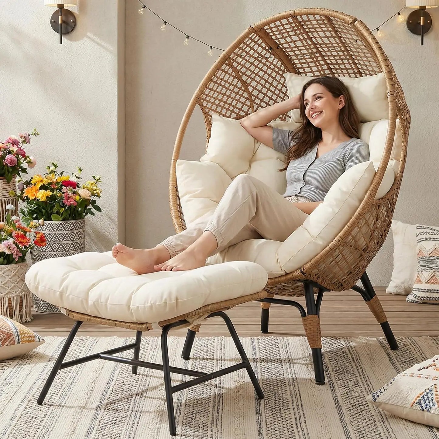 Indoor Outdoor Egg Chair With Ottoman Cushioned Lounge For Patio