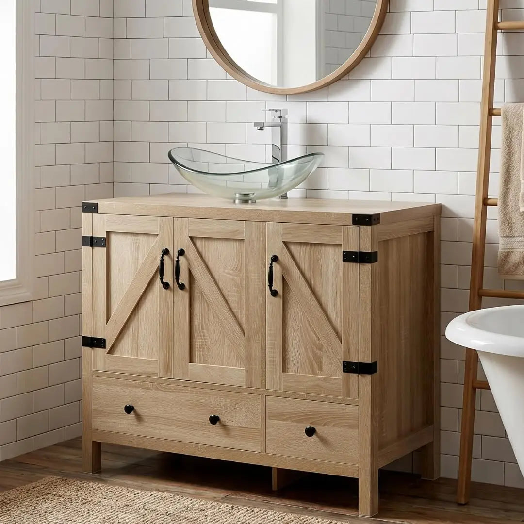 Minimalist Engineered Wood Bathroom Vanity With White Ceramic Sink