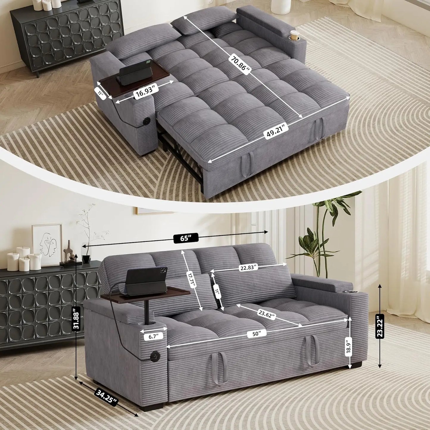 Sleeper Sofa With Pull Out Bed And Storage Armrests Corduroy