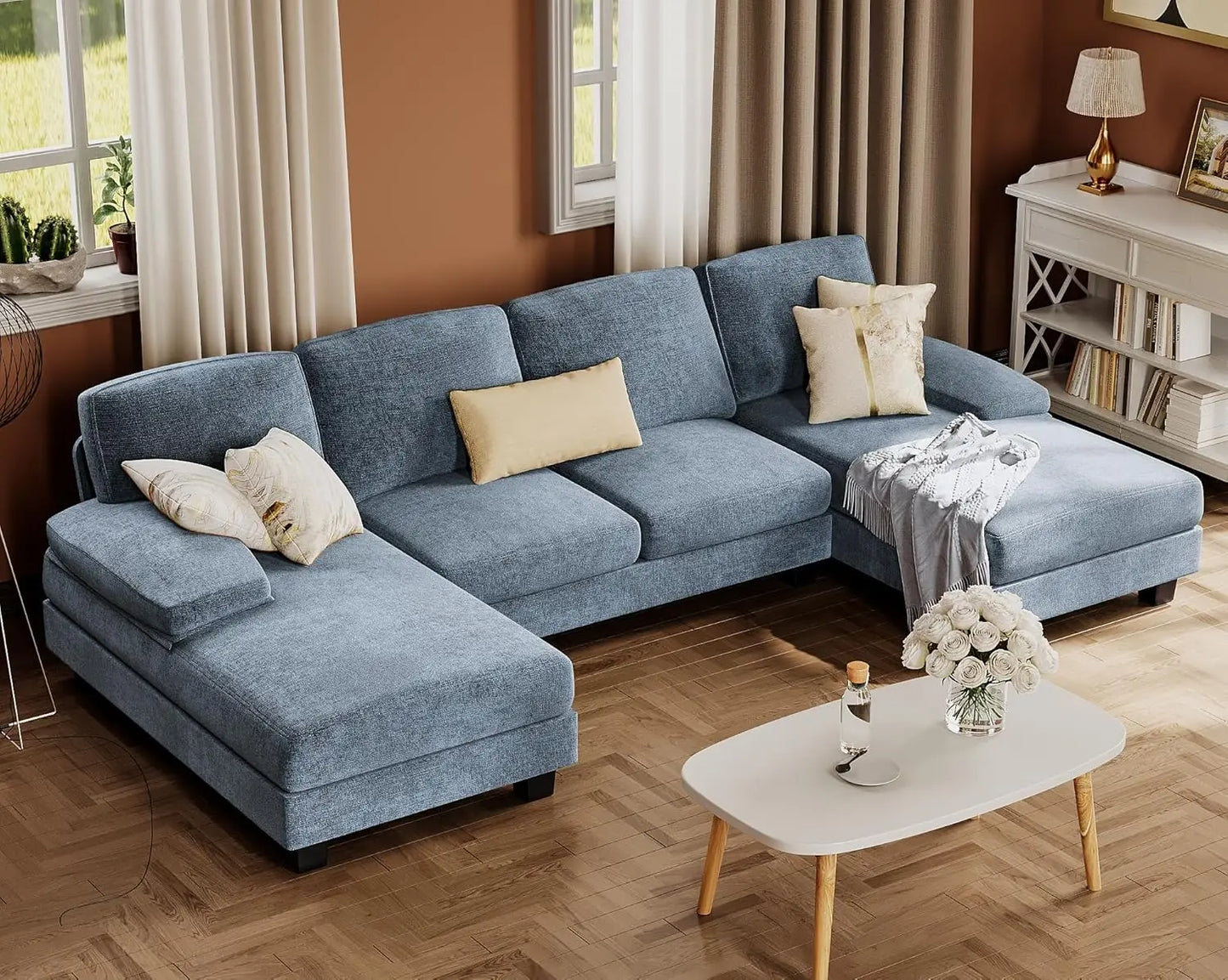 Combination U Shaped Sectional Sofa Linen Fabric Chaise 4 Seat