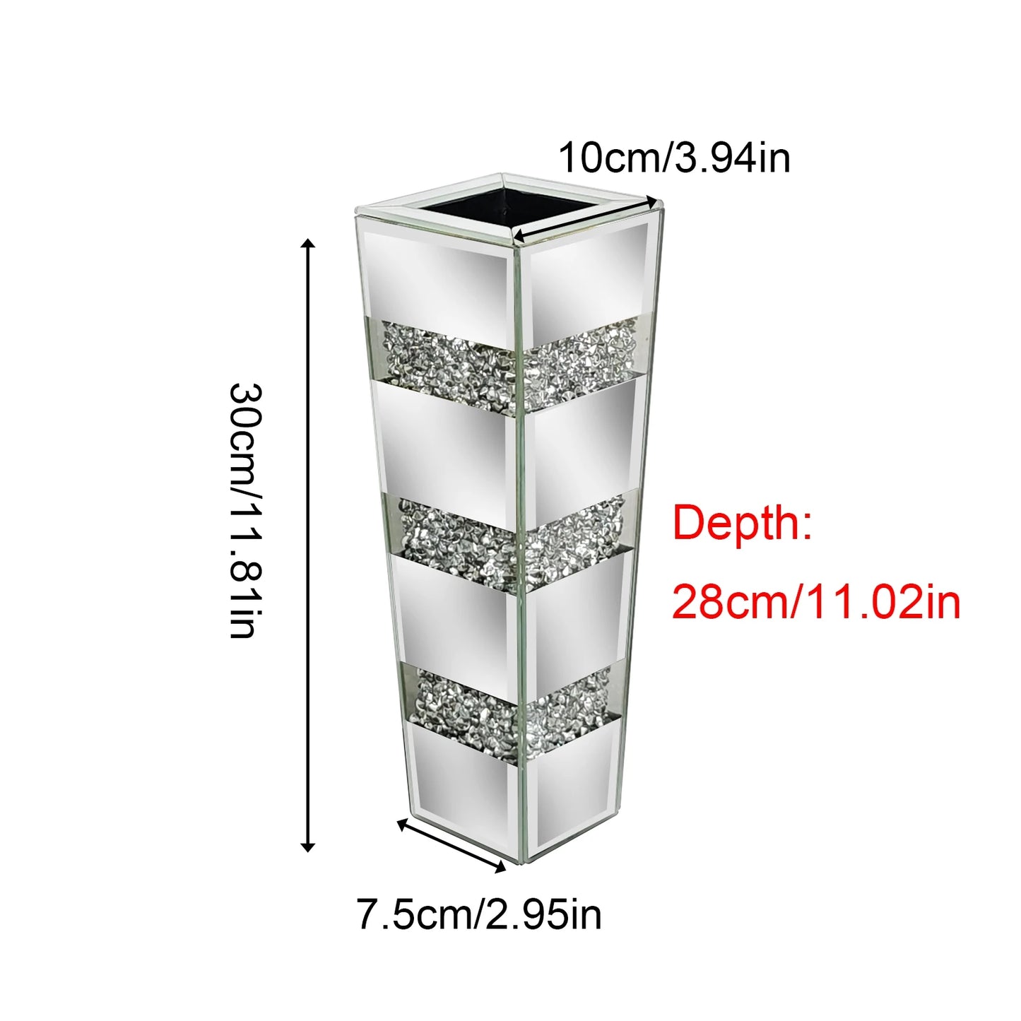 Mirrored Crystal Glass Tall Floor Vase With Diamond Accents Decor
