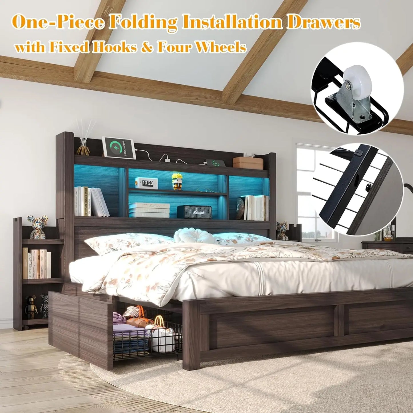 Bed Frame With Bookcase Headboard And Farmhouse Wood Storage Drawers