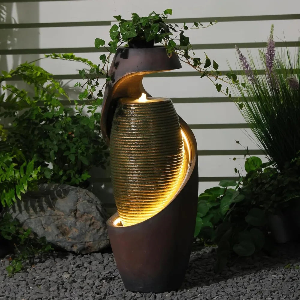 Curved Spiral Outdoor Fountain With LED Light Planter Bowl