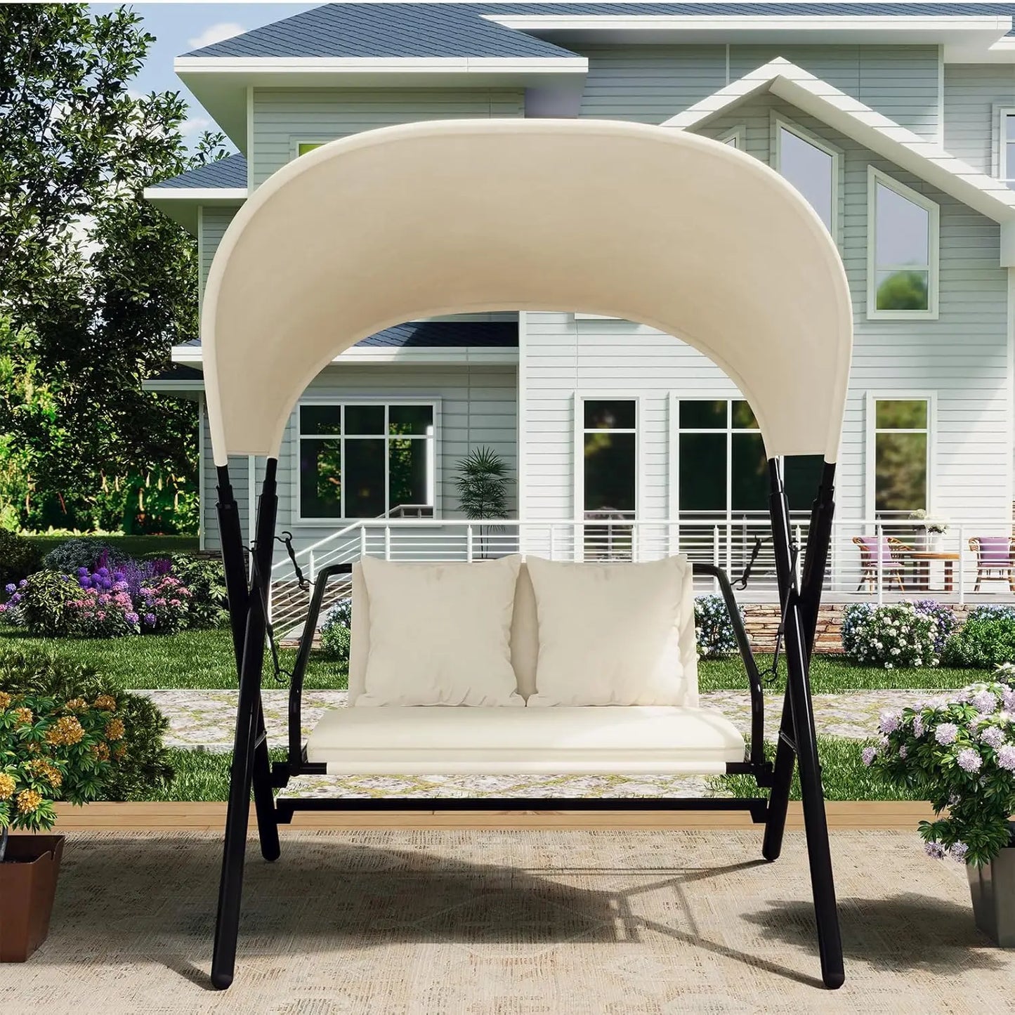 Outdoor Porch Swing Chair With Canopy Two Seat Steel Frame