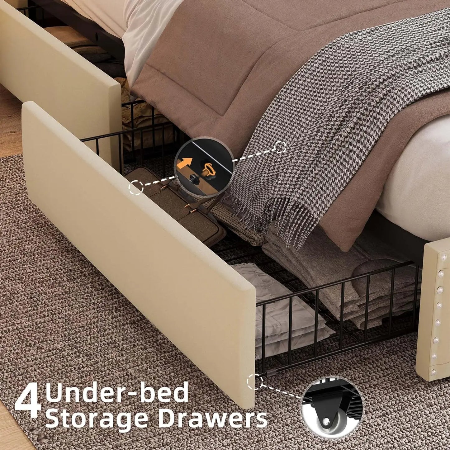 Velvet Bed Frame With LED Lighting And Storage Drawers