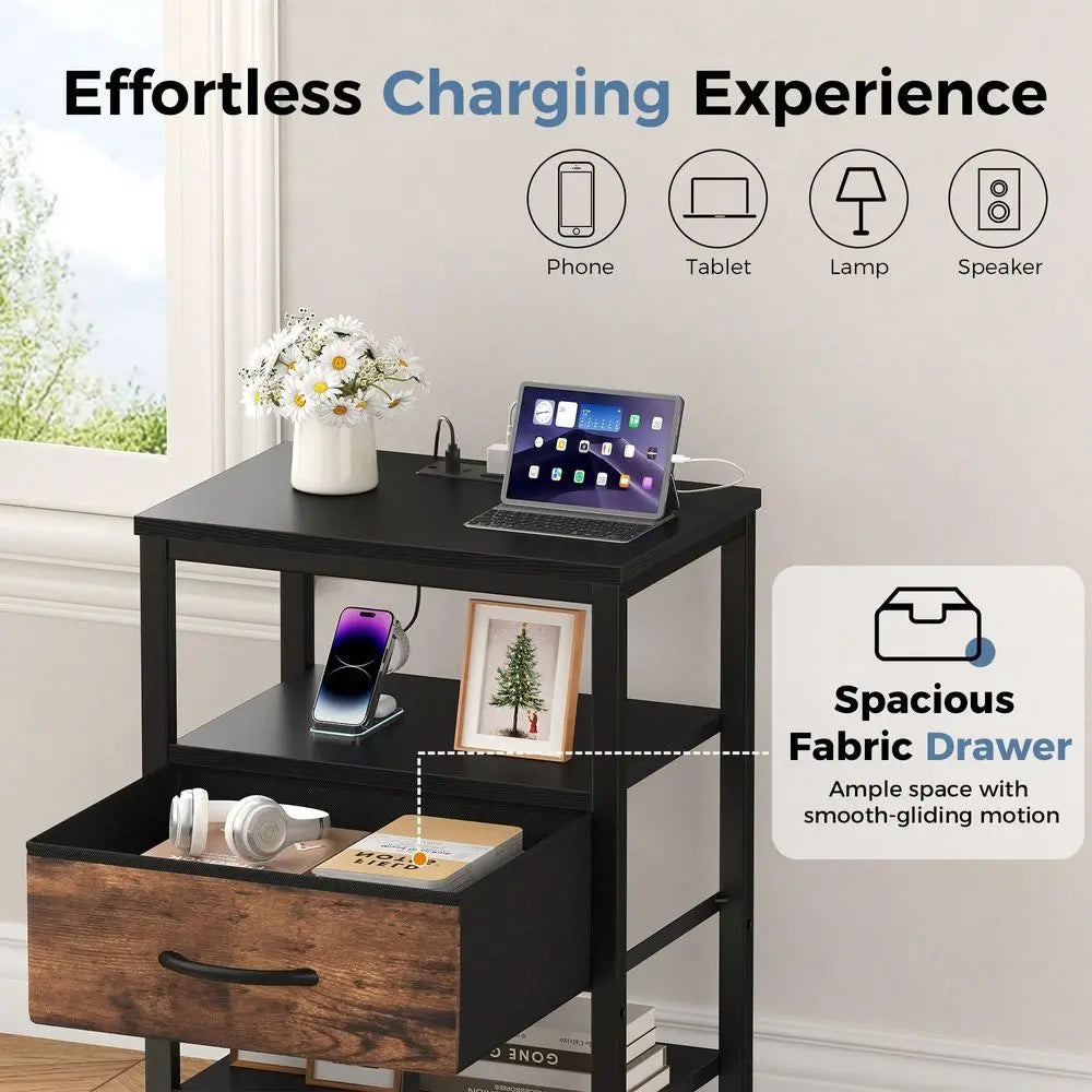 Nightstand With Charging Station And Fabric Drawer Bedside Table