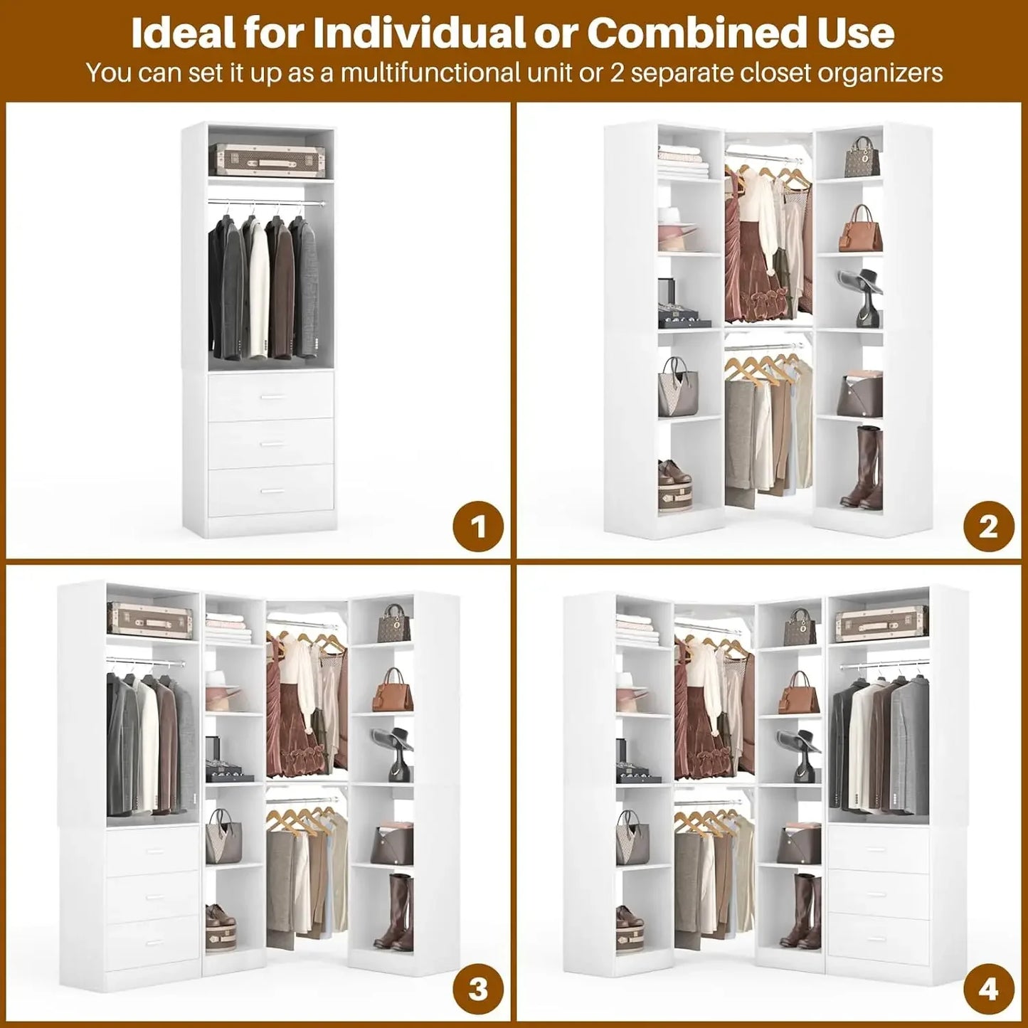 Corner Closet System With 3 Drawers, Shelves And Hanging Rods