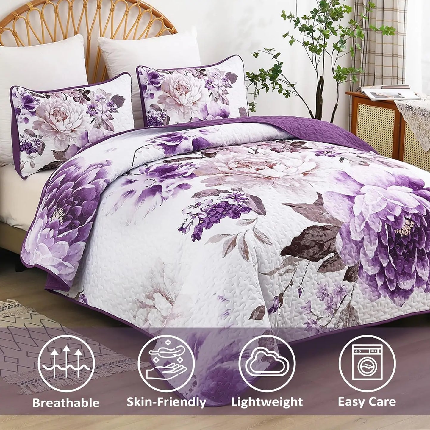 Quilt Set 3 Piece Pillow Shams Silk Filled Lightweight