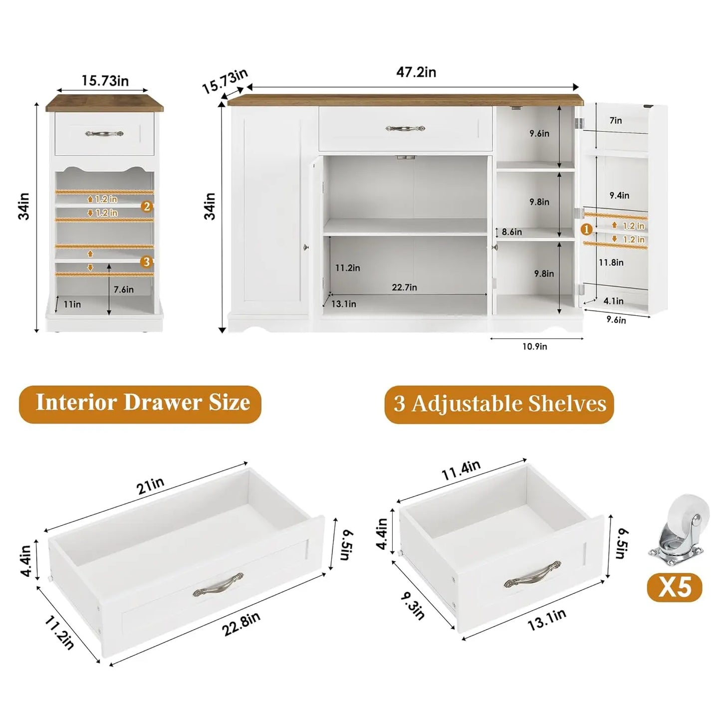 MOYU Kitchen Island Cart With Storage On Wheels 2 Drawers