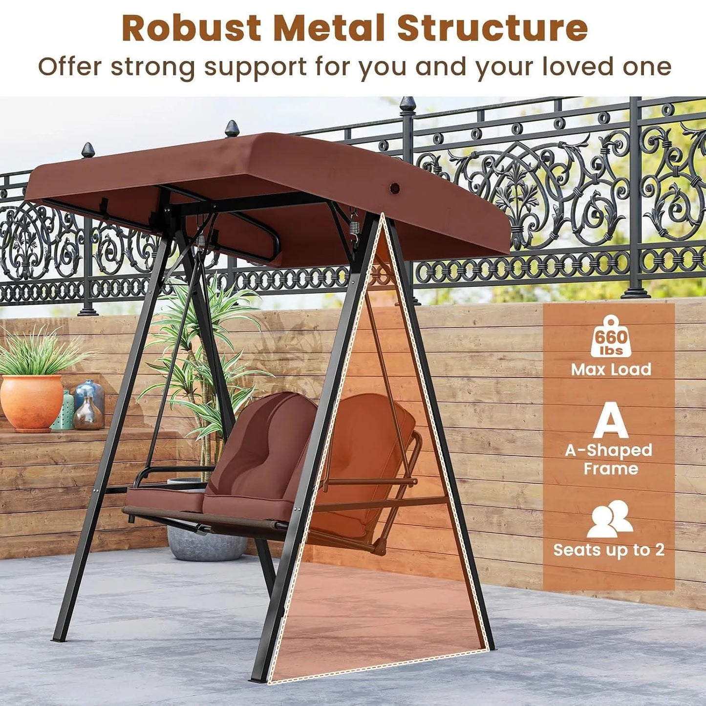 Outdoor Patio Swing With Heavy Duty Metal Frame And Canopy