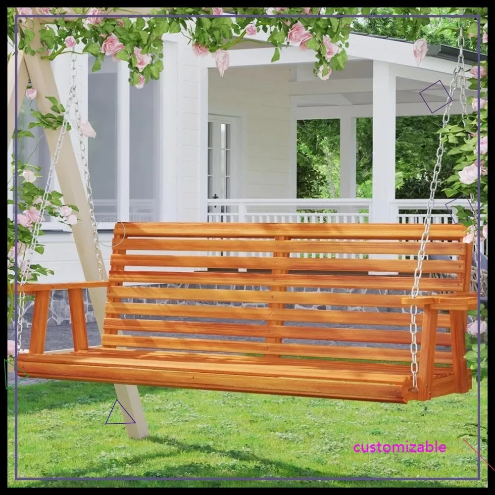 Wooden Porch Swing With Cup Holders For Outdoor Garden