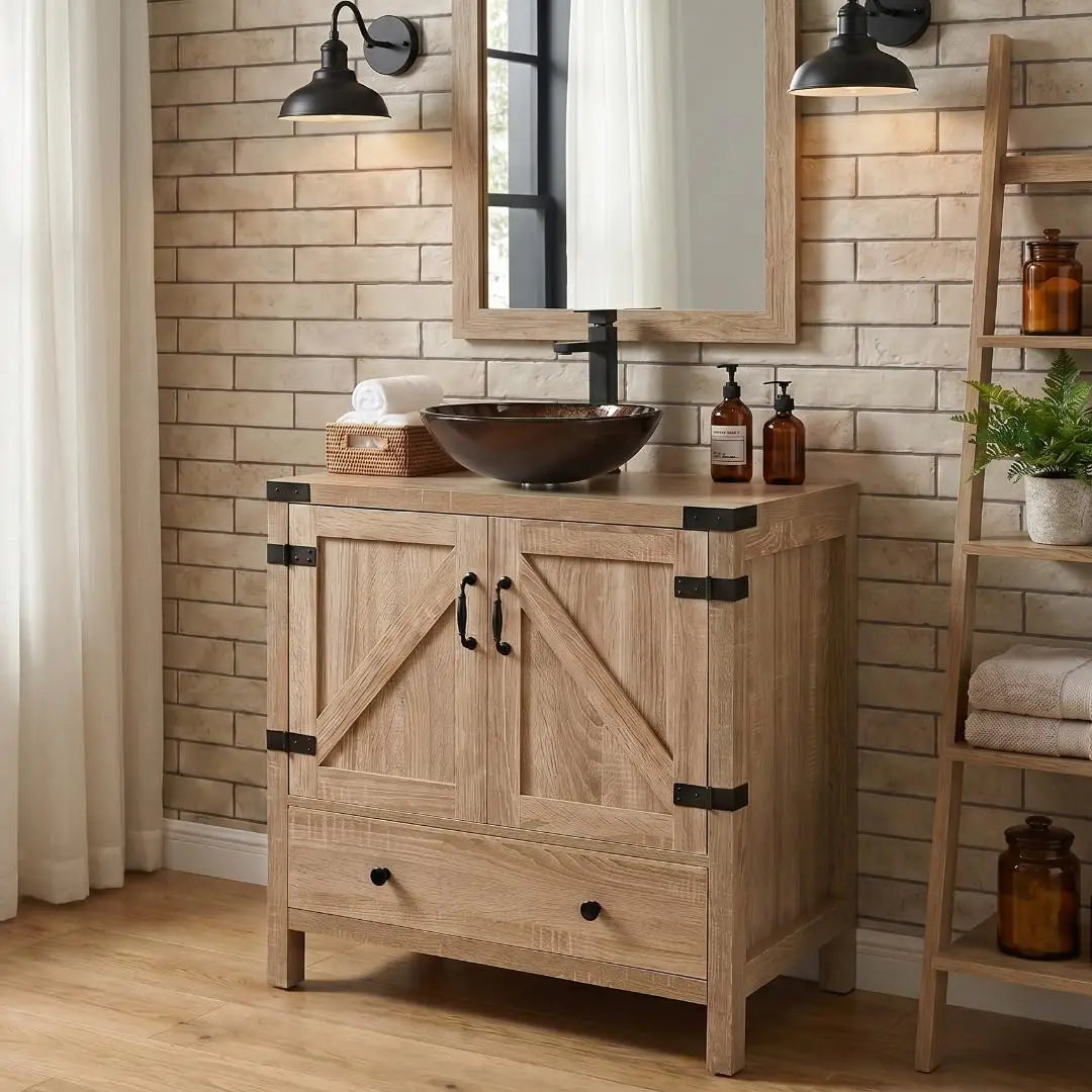 Rustic Bathroom Vanity With Pedestal Cabinet And Vessel Sink