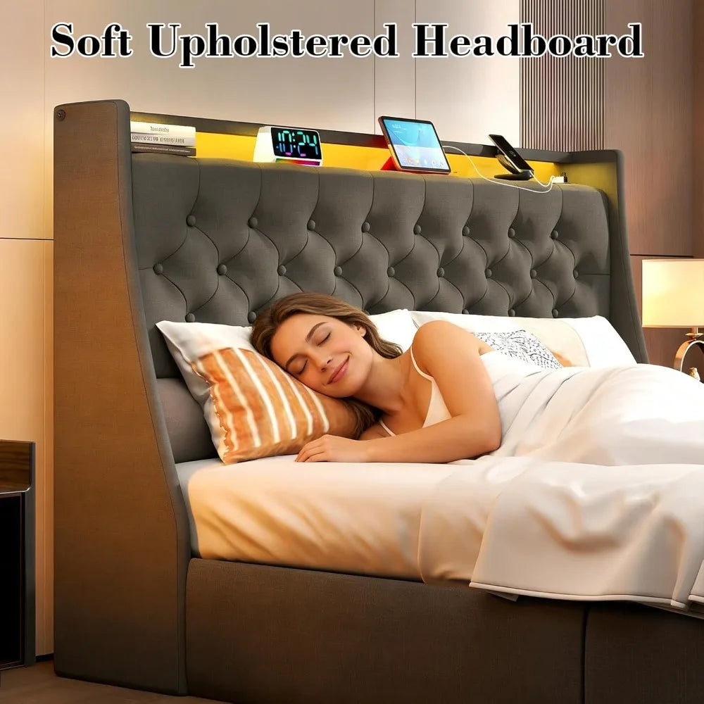 Bed Frame With Storage Drawers And Led Lights Upholstered Headboard