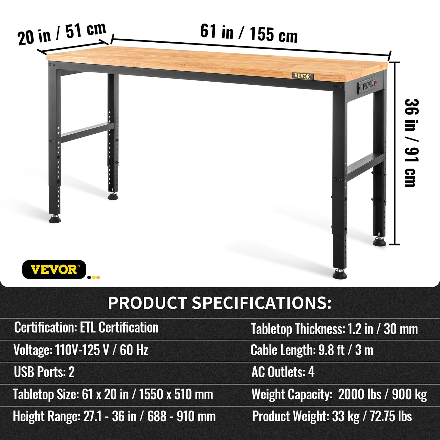 SucceBuy Heavy Duty Workbench With Oak Hardwood Top And 900kg Load