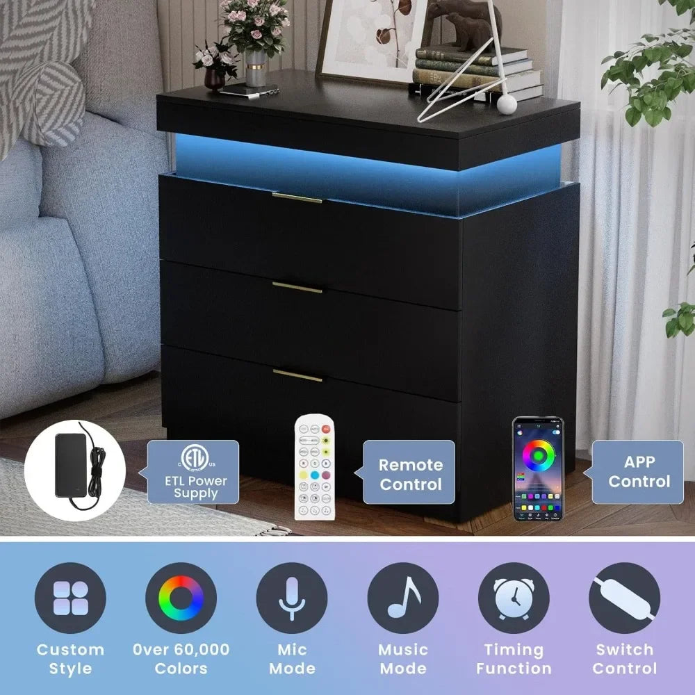 Nightstand With LED Lights And Charging Station Three Drawers