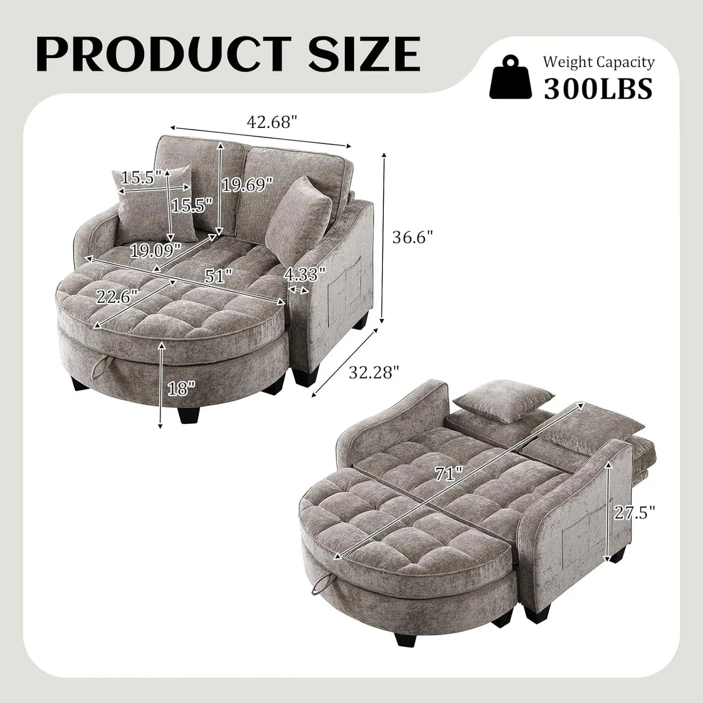 Oversized Curved Chaise Lounge Chair With Ottoman Indoor Soft Chenille