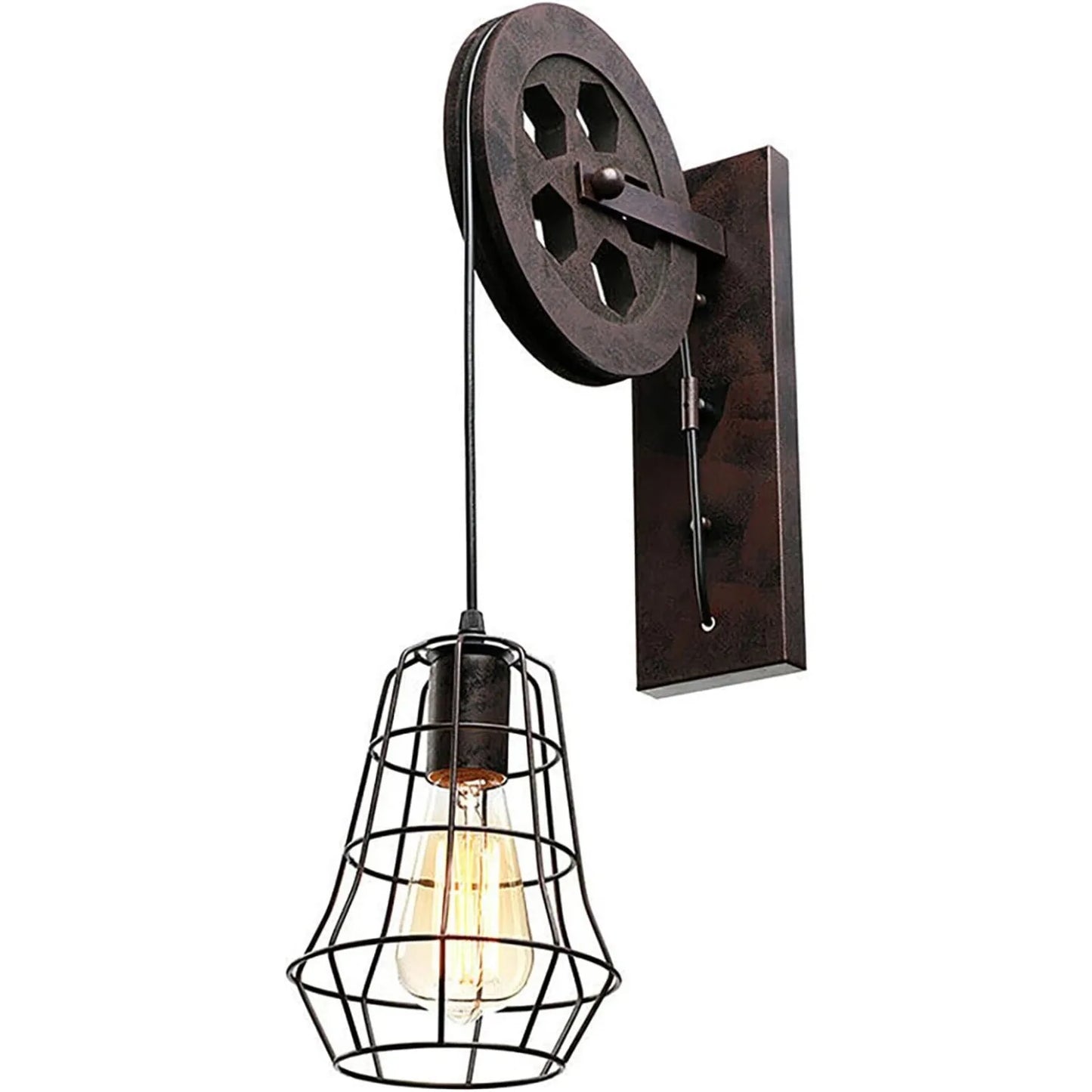 Bymaocar Industrial Wall Sconce With Pulley Iron Cage Lampshade