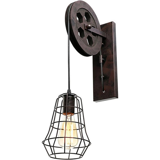 Bymaocar Industrial Wall Sconce With Pulley Iron Cage Lampshade