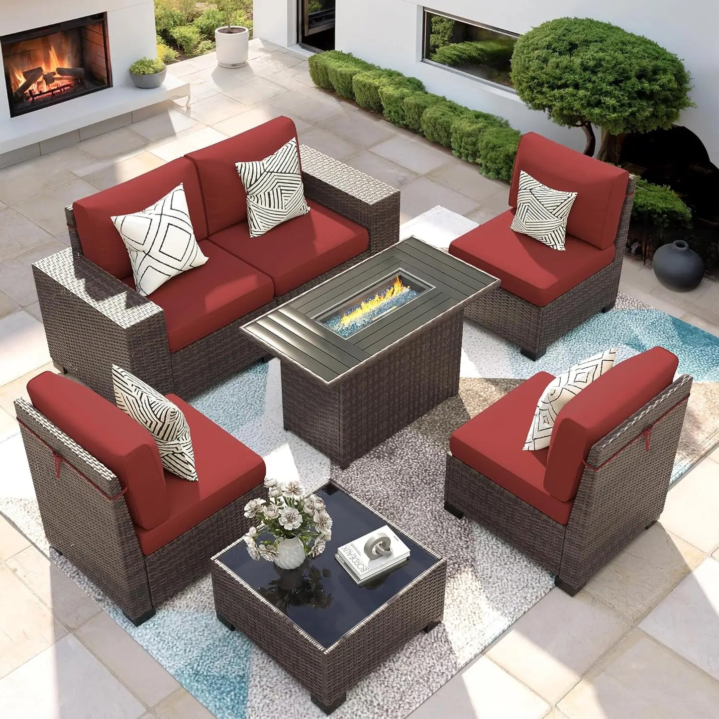 XIAOLANG 7 Piece Patio Furniture Set With Fire Pit Table Outdoor