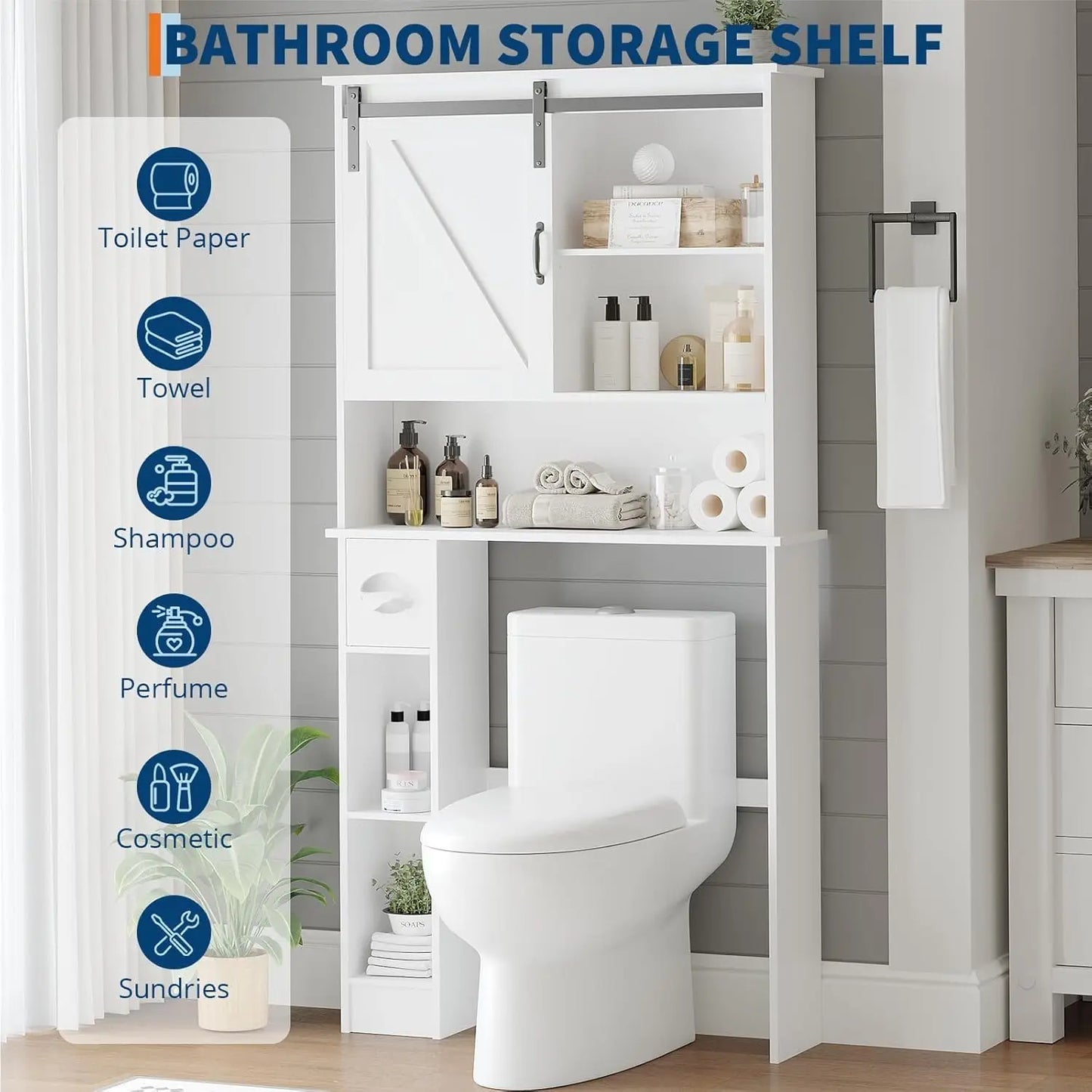 Over Toilet Cabinet With Sliding Barn Door And Built In Toilet Paper Holder