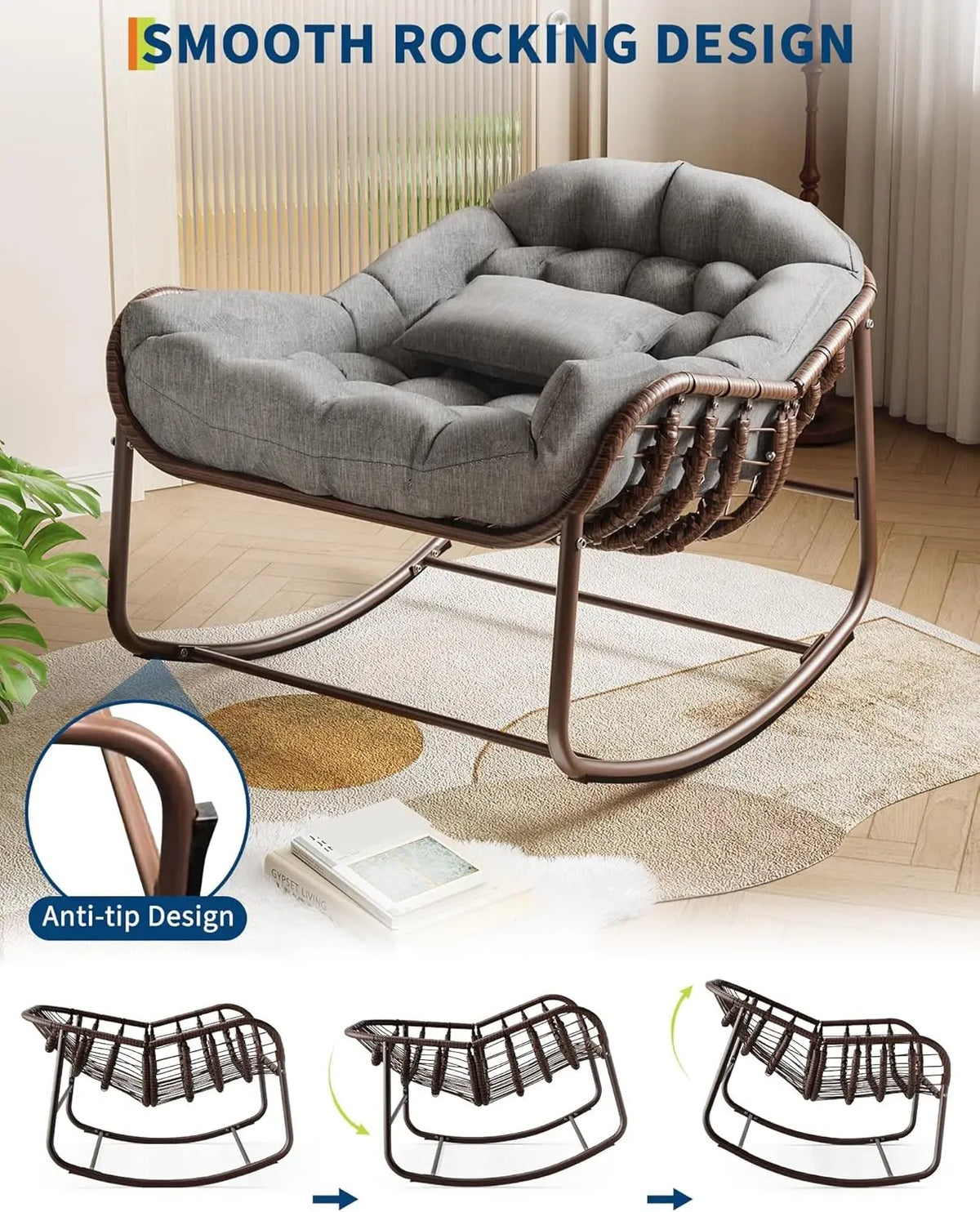 Oversized Outdoor Papasan Egg Rocking Chair Heavy-Duty Frame 300 Lb | Wicker Lounge Patio Rocker with UV-Resistant Cushion Indoor/Outdoor for Porch & Garden