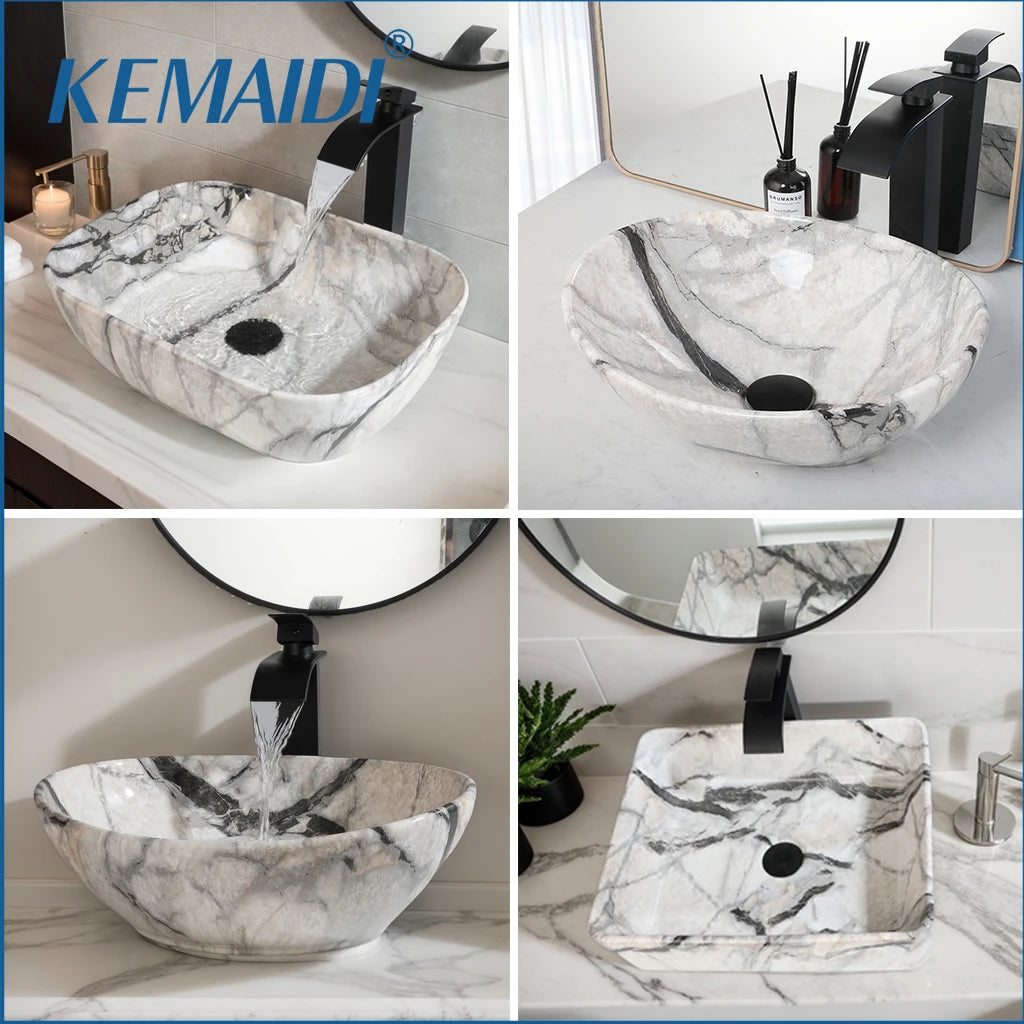 MEKKHALA Marble Pattern Ceramic Bathroom Vessel Sink Set Shape Basin